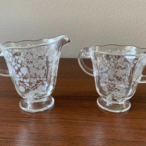 Vintage Fostoria Crystal Glass Arcady Pattern Etched Cream and Sugar Bowl Set